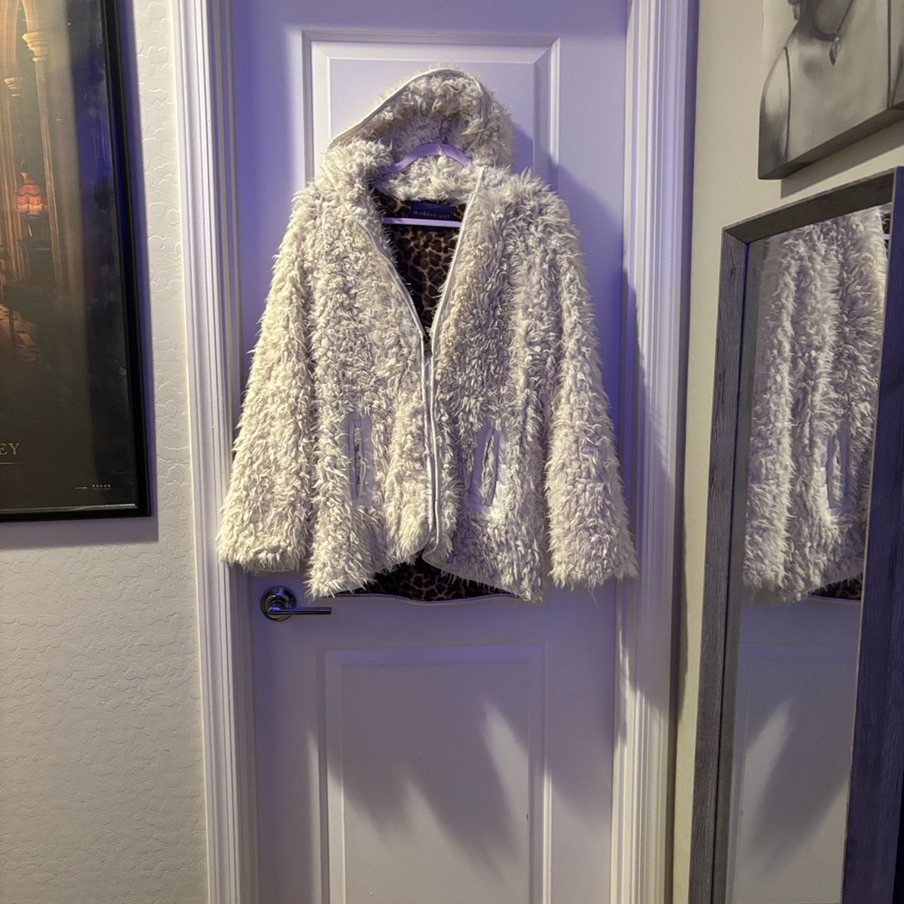 Madden Girl Ivory Fuzzy Jacket with Animal Print Lining
